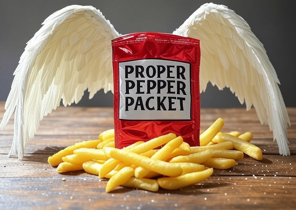 A gloriously oversized Proper Pepper Packet with angel wings seasoning fries